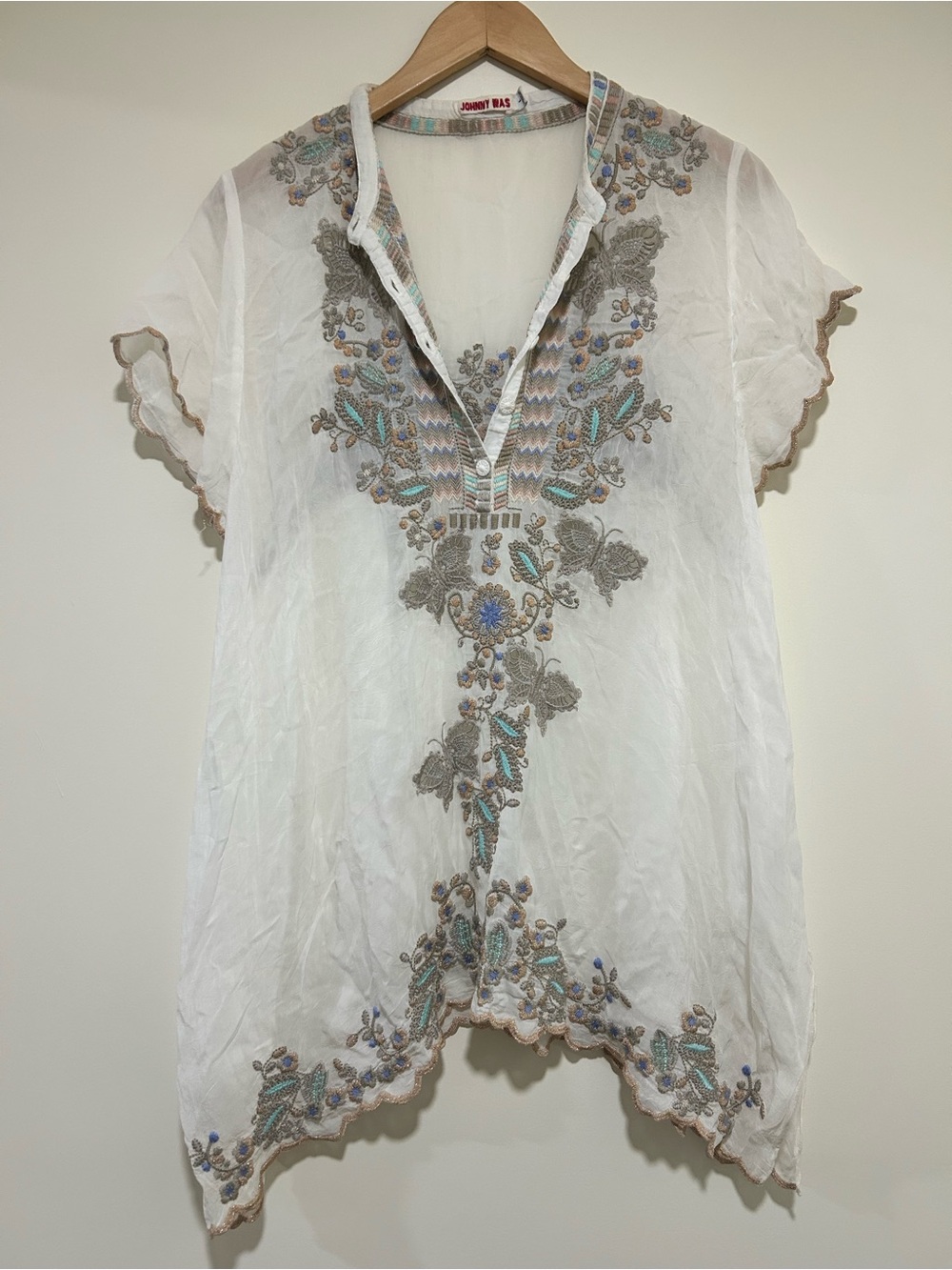 Johnny Was Monarch Embroidered Semi Sheer Tunic White & Teal Size Large - Picture 2 of 7
